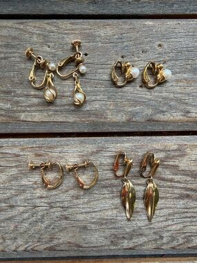 Vintage Gold-Tone Clip-On Earrings Set - Classic Pearl & Leaf Styles